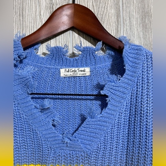 Color Block Frayed Distressed Hem V-Neck Sweater Size XL - Picture 5 of 6